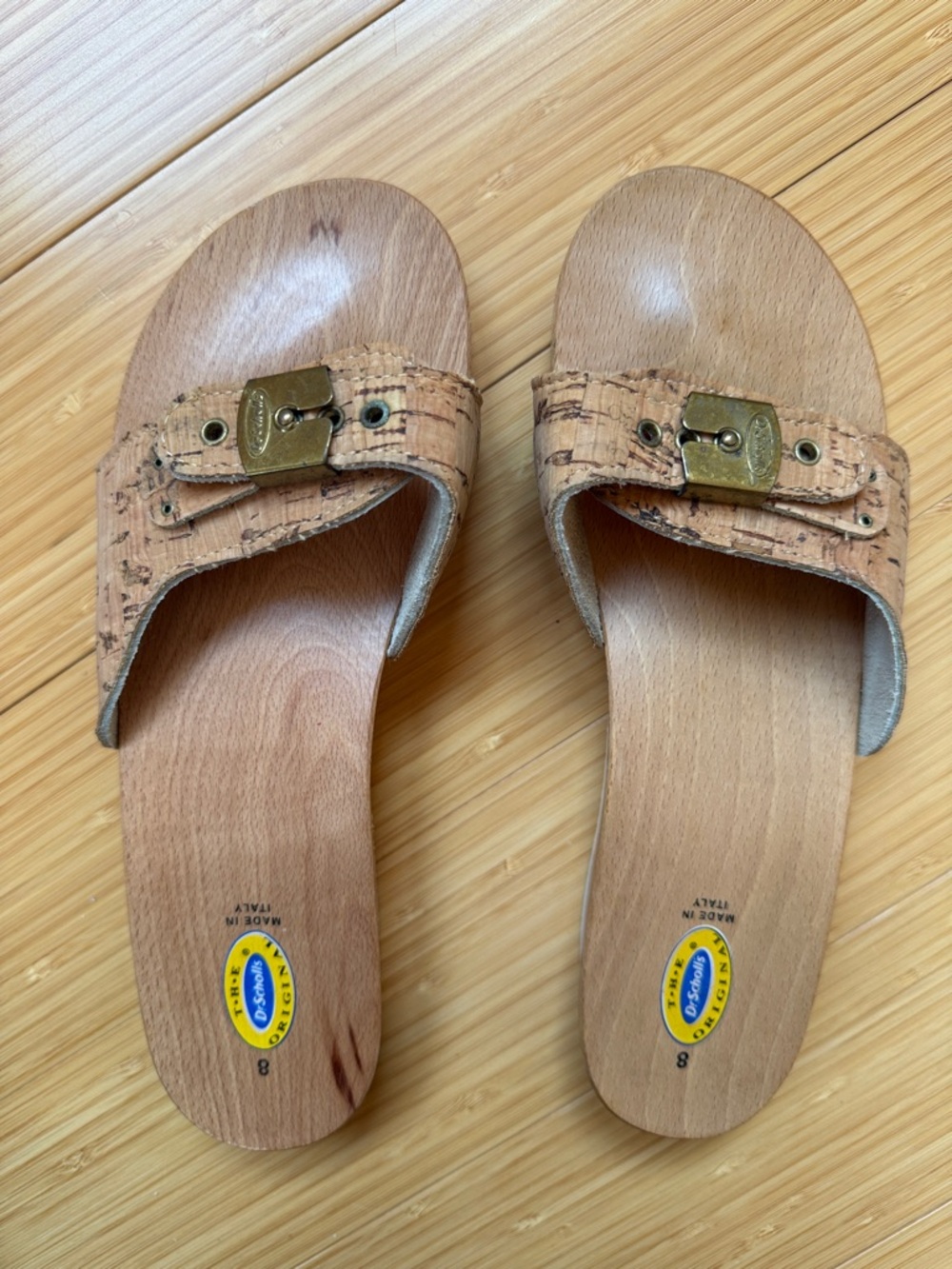 Vintage Dr. Scholl’s cork leather wooden slide sandals size 8 made in Italy